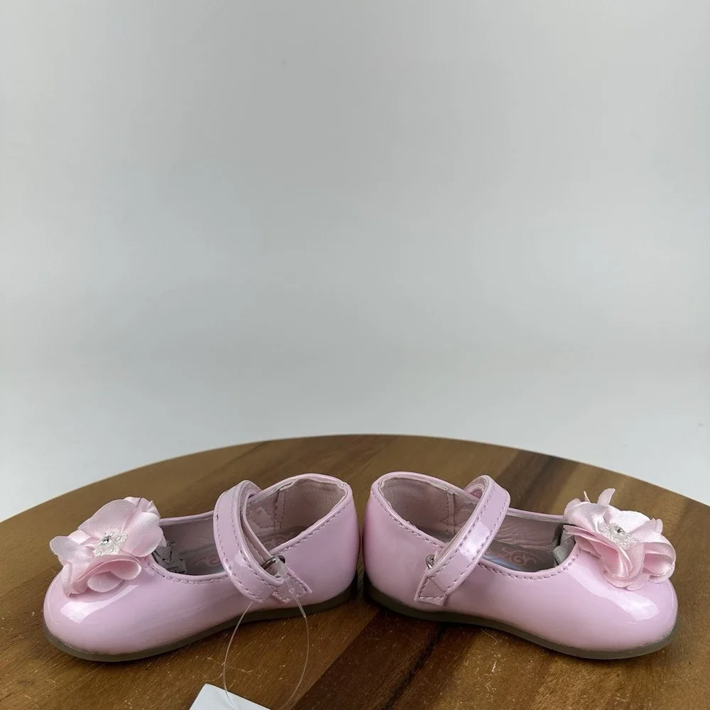 New NWT Baby Girls Josmo Pink Faux Patent Leather Floral Mary Jane Flats Size 3